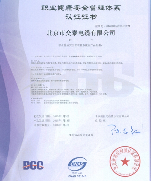 OHSAS18001:2007职业健康安全管理体系认证证书-2